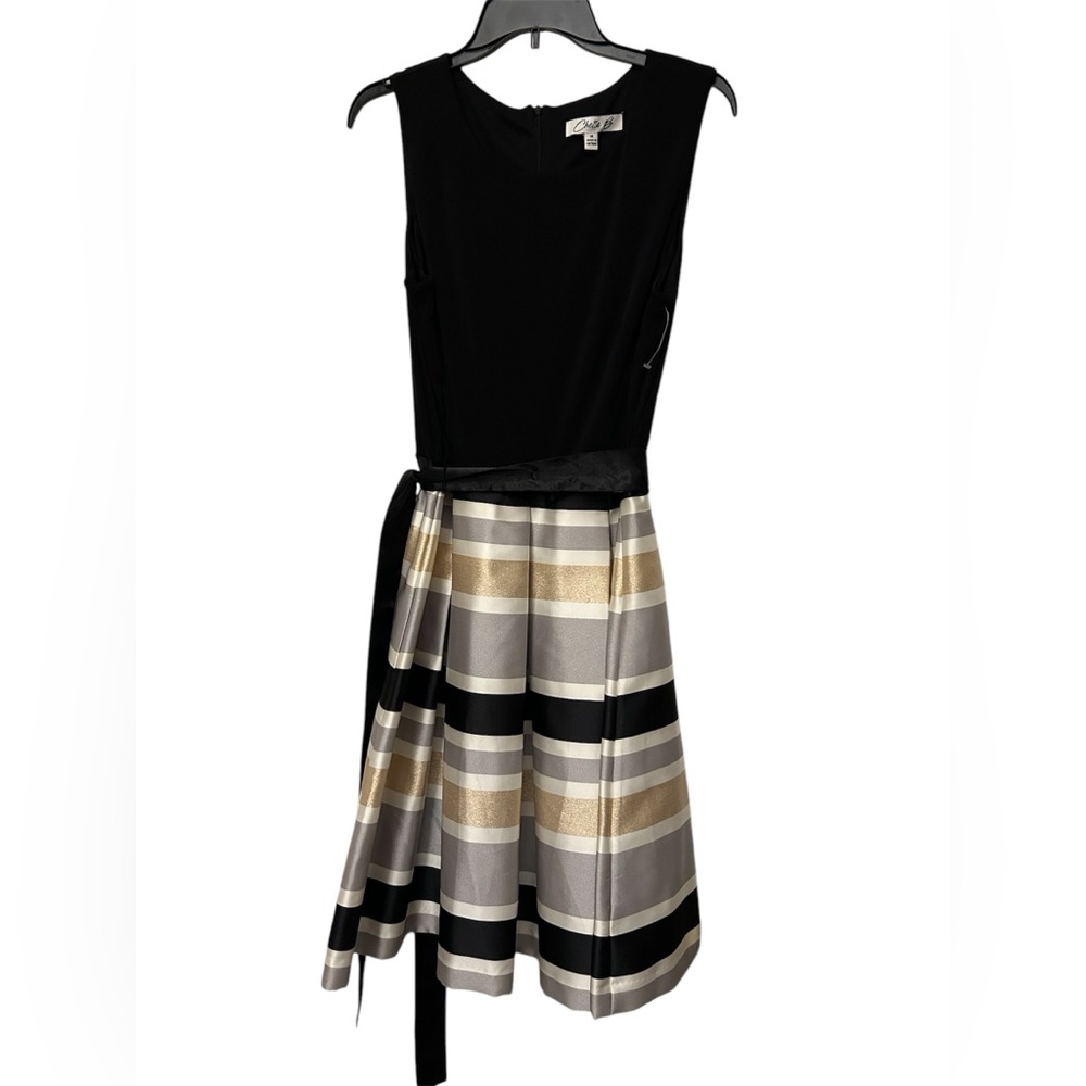 Chetta B Metallic Gold Silver Black Striped Women’s Dress Size 14 sleeveless